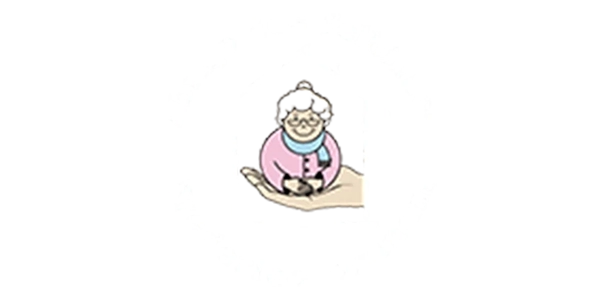 Logotipo do Abrigo dos Velhinhos Frederico Ozanam com ilustração de uma senhora sorridente em uma mão acolhedora, dentro de uma casa